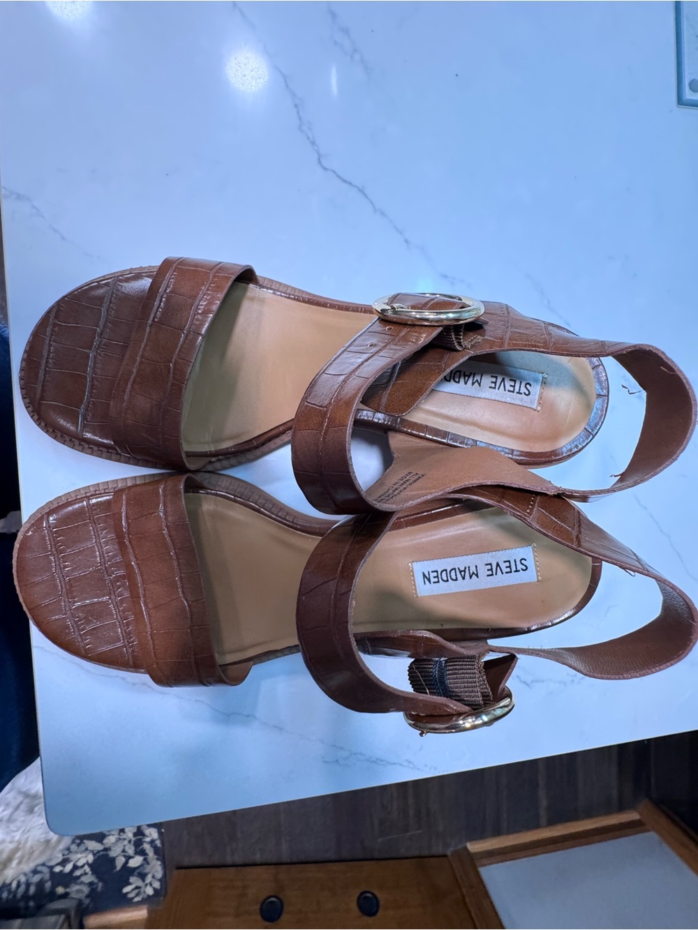 Steve Madden Brown Croc-Effect Ankle Strap Sandals